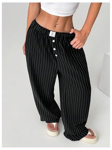 OYOANGLE Women's Striped Wide Leg Pants Elastic Waist Button Office Work Dressy Trousers4