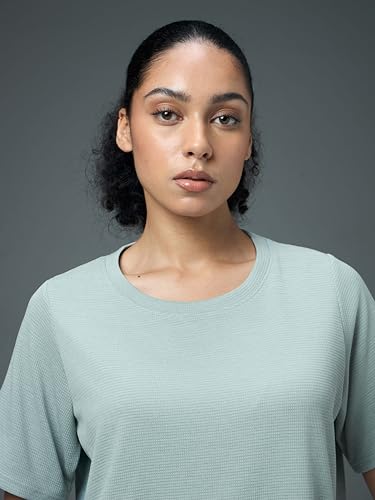 Image of TECHNOSPORT Women Relaxed Fit Cubic Melange Round Neck T-Shirt | Quick Dry Polyester Casual Tee with UPF 50+ UV Protection, Anti-Microbial & Double Cool Technology