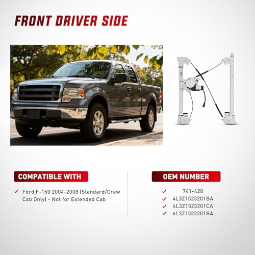 Image of Nilight 741-428 Power Window Regulator /Motor for Ford F150 2004-2008 | Window Lift Assembly fits Standard and Crew Cab models; front driver side replacement for the left door