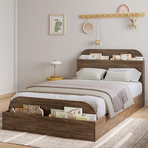 Garvee Twin XL Size Bed Frame with Storage Headboard and Raised Footboard – Wooden Twin-Floor Low Platform Bed for Kids, Heavy Duty & Noise Free, No