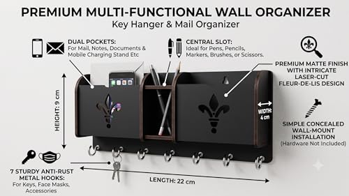 Image of Wall Mount Key Holder & Mail Organizer | Laser-Cut Key Hanger with 7 Metal Hooks, Letter Rack & Pen Stand | Wooden Wall Decor for Entryway, Living Room, Home & Office (Fleurelle)