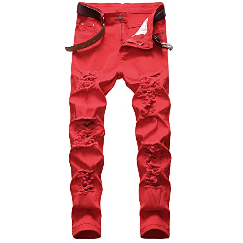 COOSVEN Men Ripped Jeans, Slim Fit Straight Leg, Denim Pants with Holes (Red01 - Stretch, 40)