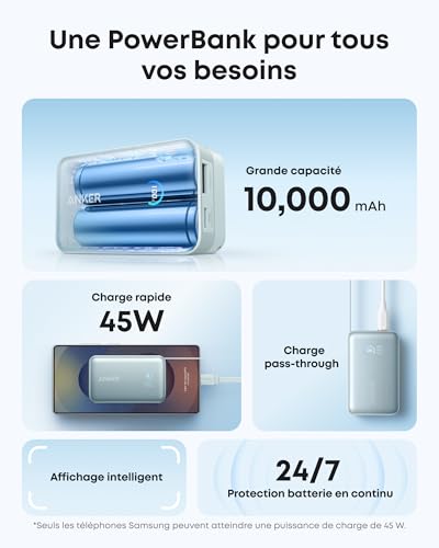 Anker Nano Batterie Externe 10000 mAh avec câble rétractable InstaCord 70 cm, Banque d’Alimentation compacte 45 W Max Power Bank, Affichage Intelligent, pour iPhone 16 Pro Max, iPad, Galaxy, Pixel