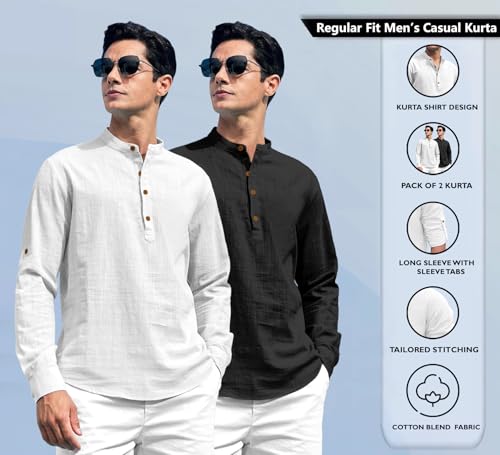 Image of Zombom Combo of Men's Solid Cotton Polyester Blend Full Sleeve Straight Kurta Shirt (Pack of 2)