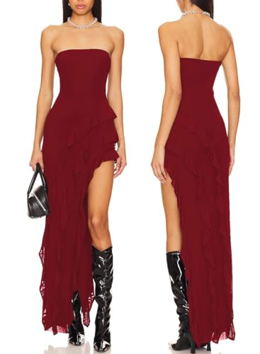 Capuffy Womens Tube Strapless Maxi Dress Irregular Ruffles Hem Cocktail Dress Off Shoulder Tassel High Slit Evening Gown 312