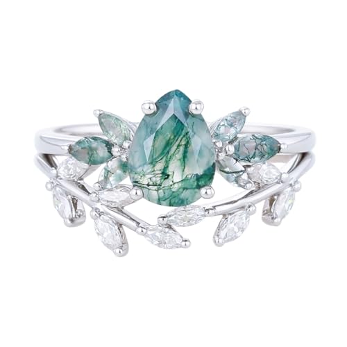 Natural Moss Agate Engagement Ring Set 1.5 CT Pear Cut Vintage Wedding Ring Set 925 Sterling Silver 10K 14K 18K Gold