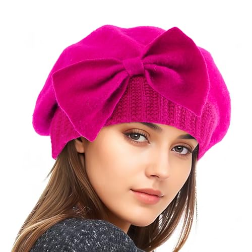 Komorebi French Beret Hats for Women Stylish Wool Beret Hat Felt Cloche Beret Winter Crochet Beanie Hats Lady Hot Pink One Size