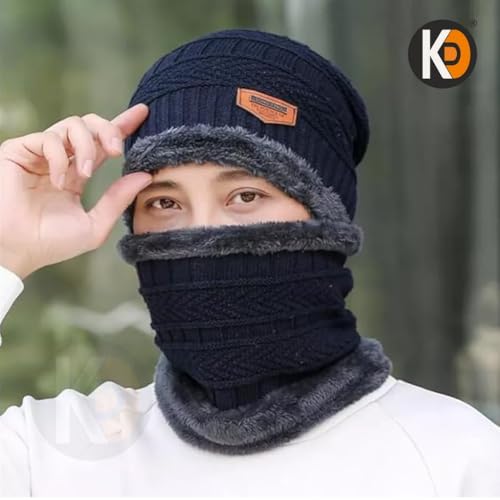 Image of K D Winter Wear 2-in-1 Woolen Beanie Cap & Muffler Set for Men & Women | Soft Thermal Wool | Fleece-Lined | Head & Neck Warmer | Unisex Winter Accessories (Cap /Muffler - Blue)