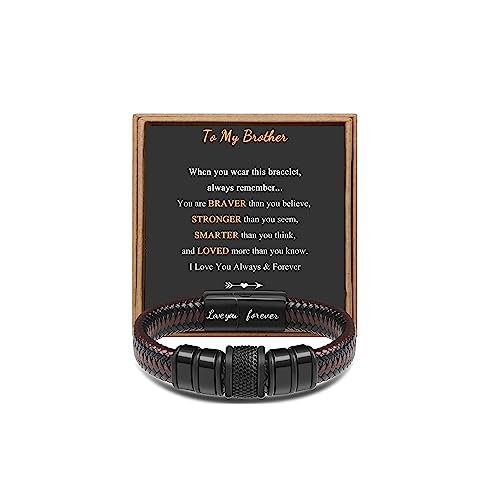 JoycuFF Gifts for Brother from Sister Birthday Black Leather Bracelets for Men Thanksgiving Day Graduation Braided Layered Wristband Cuff Bracelet Love You Forever Gift 7.5 Inches