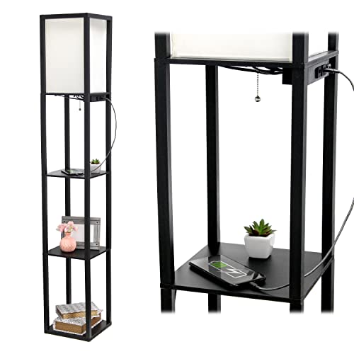 Simple Designs LF1037-BLK Floor Lamp Etagere Organizer Storage Shelf with 2 USB Charging Ports, 1 Charging Outlet and Linen Shade, Black