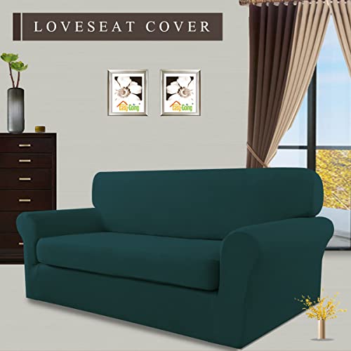 Image of Easy-Going 2 Pieces Stretch Loveseat Couch Sofa Slipcover Washable | Spandex Soft Fitted Sofa Couch Cover for Sofa Furniture Protector with Bottom Kids,Pet Dog Deep teal