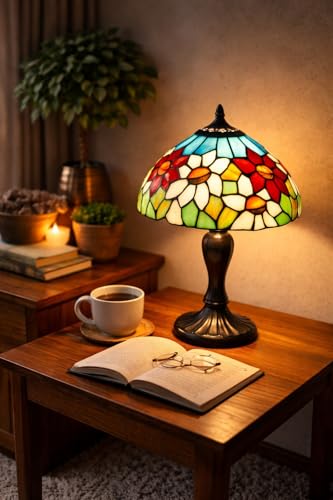Image of Stained Glass Table Lamp, Multicolor Glass Shade, Bronze Base (Design - 14), Free Bulb- 3 Color Option- Warm White, Cool White and Natural