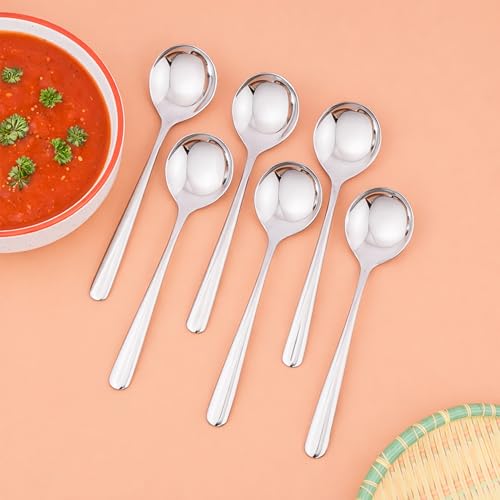 Image of Culinex 18 /8 Premium Stainless Steel 7 inch Small Soup Spoon Set of 6 | Dining Spoons for Soup, Curry & Dal | Silver Rustproof Tableware, Flatware Cutlery By thinKitchen