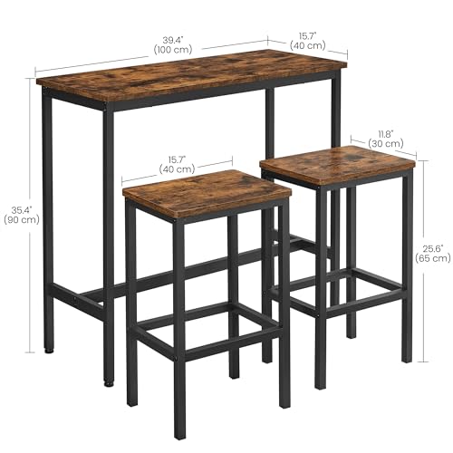 VASAGLE Dining Table Set, Bar Table and Stools, Breakfast Bar Table with Bar Stools, 2, Industrial Steel Frame, Rustic Brown and Black LBT218B01 - Image 3