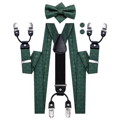 Image of Hi-Tie Dark Green Floral Suspender and Bow Tie for Men Adjustable Y Shape Strong Clips Braces Matching Pre-Tied Bow Tie Set for Daily Dress