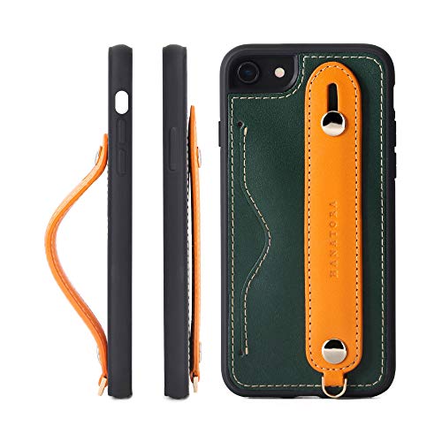 HANATORA iPhone SE3/SE2 /8/7 グリップケース レザー 本革 ストラップ付属 イタリア製牛革 ヌメ革 片手操作 カード収納 スタンド機能 メンズ レディース グリーン/オレンジ CGH-8SE-Green-OG