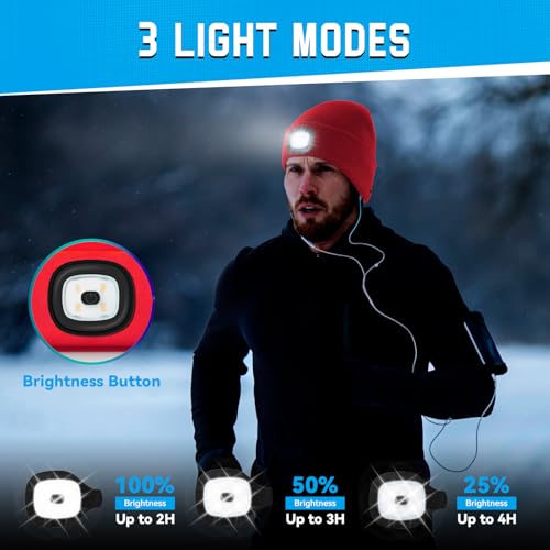 FFIPBGE Beanie Hats with Light, USB Rechargeable LED Hand Free Headlamp, Ideal for Camping, Hiking, Mens Gifts, Birthday Gifts for Men, Women, Dad, Him, Husband, Adventurer, 1 Pack, Red - image 3