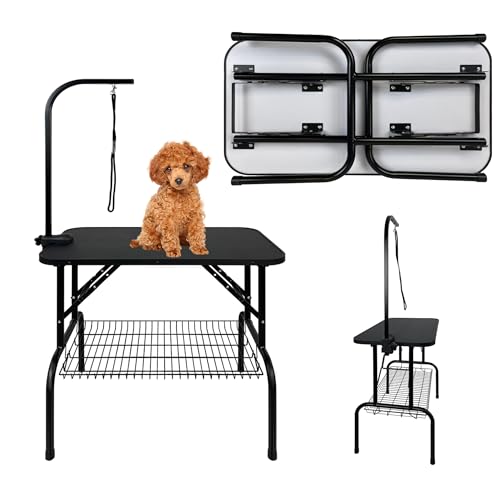 QEENTOE Hundefriseur Tisch Klappbar, Höhenverstellbar - Professioneller Trimmtisch mit Sicherheitsarm&Stauraum - Für Tierpflegesalon & Heimgebrauch, Schwarz-80.5x46x76cm