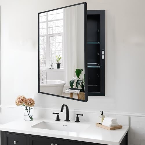 KIMREAL Recessed Medicine Cabinets with Mirror, Black Bathroom Mirror with Storage, Rectangle...