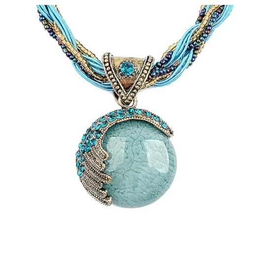 Harlorki Women Lady Handmade Retro Vintage Bohemian Style Twist Woven Rope Chain Turquoise Rhinestone Pendant Collar Necklace Fashion Jewelry