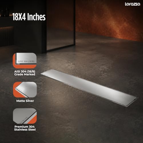 Image of Lorazzo Linea Tile-Insert SS304 Shower Drain Channel 18x4 Inch | Built-in Cockroach Trap | Stainless Steel Floor Drain | Silver Finish | Bathroom Shower Drain | 10 Year Warranty