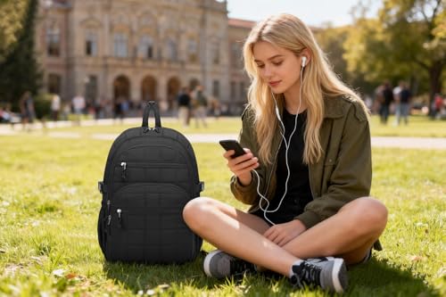 Image of Large Quilted Laptop Backpack for Women, College Bookbag with Tumbler Holder Pocket for Nurse Teacher Work Travel, Puffer School Backpack for Teen Girls Big Student, Black