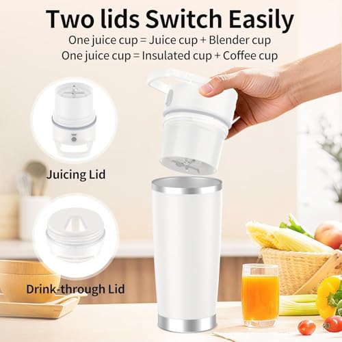 Portable Personal Blender 20oz Vacuum Cup Cordless Blende for 120 Watt Rechargeable Personal Size blender With Stainless Steel Bottle Ideal For-Shakes and Smoothies, BPA Free (White） — view 3