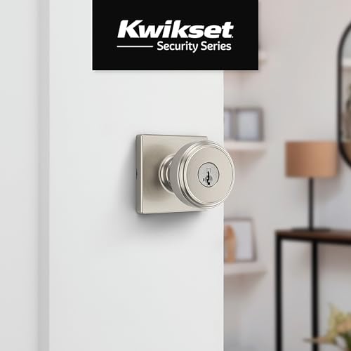 Image of Kwikset Maven Entry Door Knob with Lock and Key, Secure Keyed Handle Exterior, Square Front Entrance and Bedroom, Satin Nickel, Pick Resistant SmartKey Rekey Security and Microban (Pack of 4)