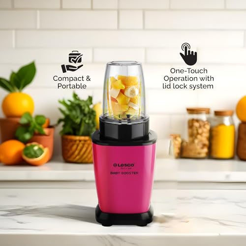 Image of Lesco 500W Mixer Grinder Blender Smoothie Maker with 3 Stainless Steel Jars and Copper Motor, 2 Years Warranty 21000 RPM Fine Grind in 20 secs, Baby Booster, Pink