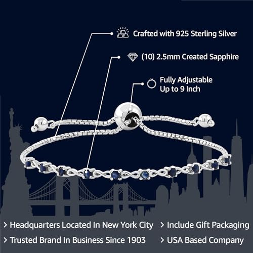 Gem Stone King 1/2 Cttw Blue Created Sapphire Tennis Bracelet For Women | 925 Sterling Silver | Round Cut 2.5MM | Gemstone Birthstone | Adjustable Bolo Bracelet For Women | Easy-On Easy-Off2