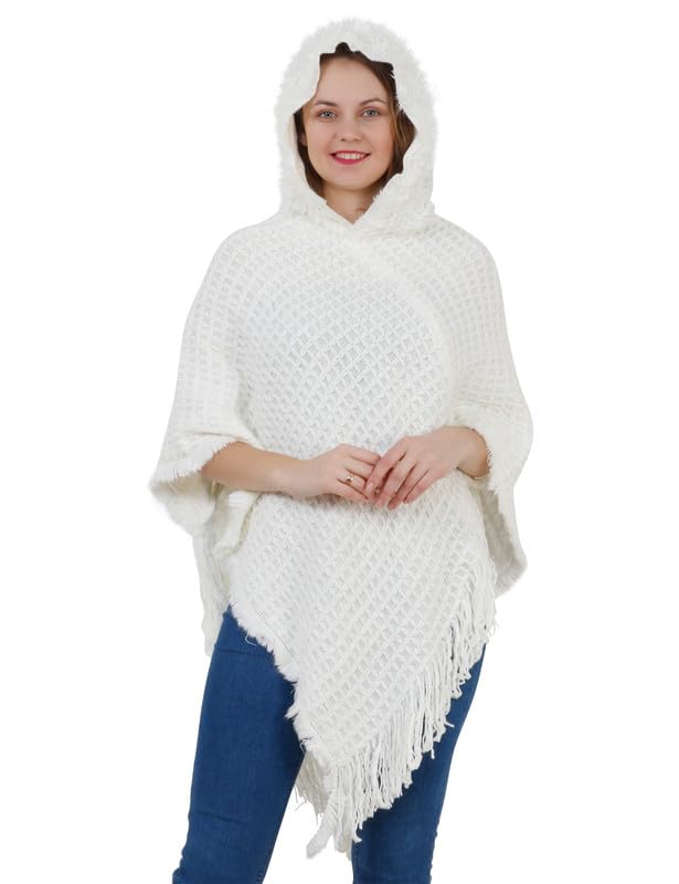 MANRA Ladies' Hooded Cape with Fringed Hem, Crochet Poncho Knitting Patterns for Women (SC 21/White/Free)-image-48