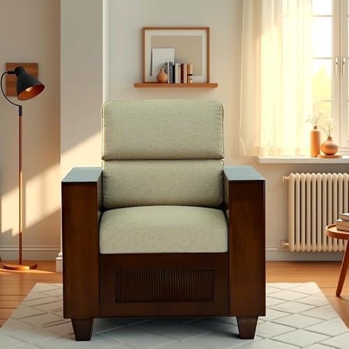 Image of Royaloak Mourya Wooden Single Seater Sofa with Beige Colour Cushion | Solid Wood | Fabric | Molded Cushions | Durable & Long Lasting | Emperor Collection