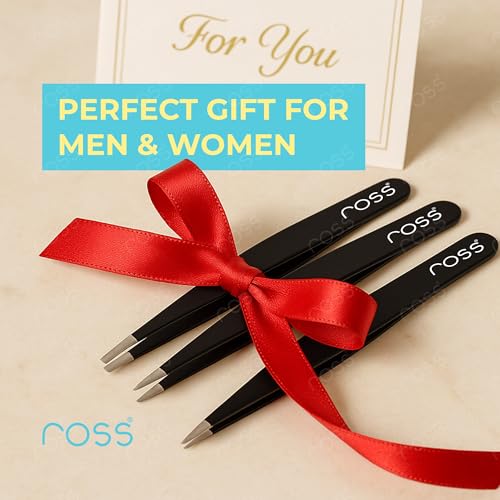 Image of Ross 3PCS Precision Tweezers Set - Stainless Steel Slant, Pointed & Curved Tips - Professional Kit for Eyebrow Shaping, Facial Hair, Ingrown Hair & Splinter Removal, Craft & Beauty Use - Black Finish