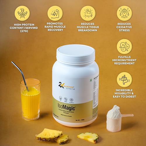 Image of 2X Nutrition Premium Whey Isolate Blend Protein Powder ISOMAGIC with Ashwagandha, 27g Protein, Low Fat & Carbs, for Faster Muscle Growth, Added Free-Form BCAA & L-Glutamine, Pineapple, 1Kg