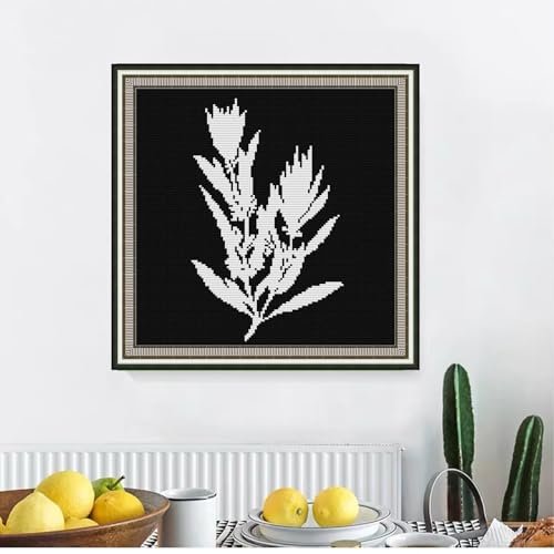 Image of Svarog 14CT Stamped Cross Stitch Kit for Beginners - Easy & Stylish DIY Embroidery with Simple Patterns, Ideal for Women's Relaxation | Black-and-White Plant(3) 12.2 x 12.2 inch