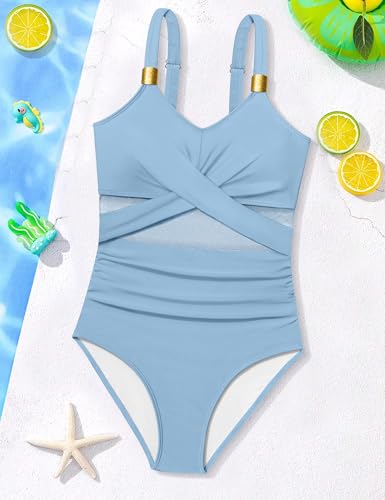 Image of Girls Swimsuit Criss Cross One Piece Swimsuits Wrap Tie Back Sheer Mesh Bathing Suit with Gold Metal Swimwear 9-16Y