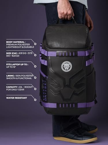 Image of The Souled Store Marvel Black Panther: Tactical Backpack | 22L Laptop Bag (Fits 16 Inch) | Water-Resistant Polyester with Reflective Badge & Luggage Strap