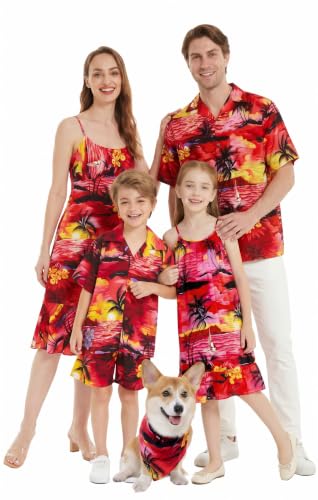 Image of Hawaii Hangover Family Matching Hawaiian Clothes, Sunset Red | Family matching Hawaiian outfits, Sunset Red, lightweight rayon, machine washable, tropical floral print, luaus, cruises