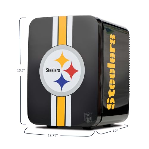 Image of Ukonic NFL Pittsburgh Steelers 15-Can Mini Fridge 10L - AC /DC Powered, Official Team Colors & Logo, Portable Cooler for Tailgates, Home, Office, or Car