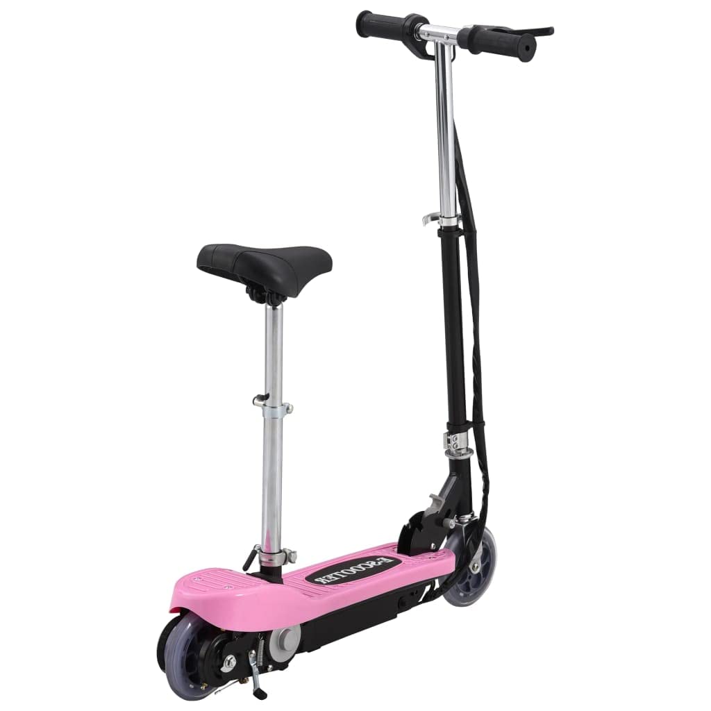 Trottinette électrique avec siège, 120 W, rose, pliable et portable, 12 km/h, guidon et selle réglables, frein arrière, pour enfants et adolescents, loisirs et chemins privés, charge de 50 kg