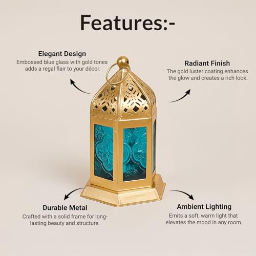 Image of MARKET 99 Moroccan Lantern Candle Holder | Metal & Glass Tealight Lantern | Golden & Blue Decorative Lamp | Home Decor for Living Room, Table & Dinner Setup | (Use LED T-Light only)