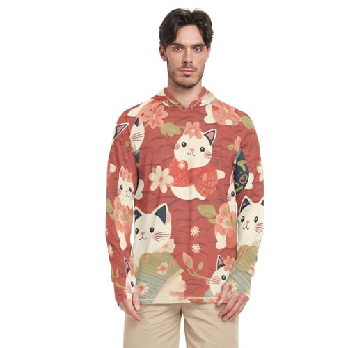 xigua Cute Little Flower Cat Men's UPF 50+ Sun Shirts Quick Dry Sun Protection Hoodie With Long Sleeve 559