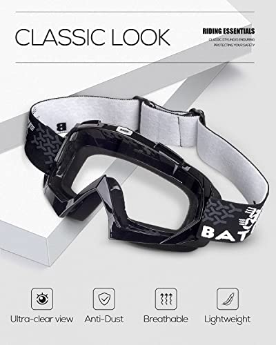 Image of BATFOX Dirt Bike ATV Goggles Motorcycle Glasses Riding Motocross 4-Wheeler MX DH Accessories for Men Women Youth UV Protection Safety Dust-Proof Anti-Slip Strap(Clear-Black)