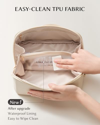 Image of EACHY Travel Makeup Bag, Large Capacity Cosmetic Bag for Women, Waterproof PU Leather, Flat Open Portable Toiletry Bag for Skincare, Brushes & Travel Essentials