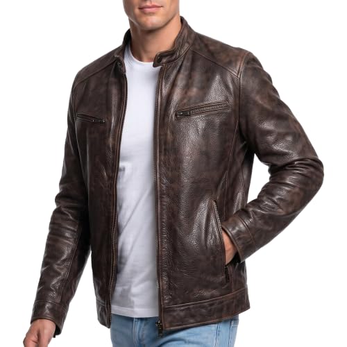Image of Men Cafe Racer Motorcycle Style Solid Leather Jacket Slim Fit Motorcycle Brown Cafe Racer Leather Jacket