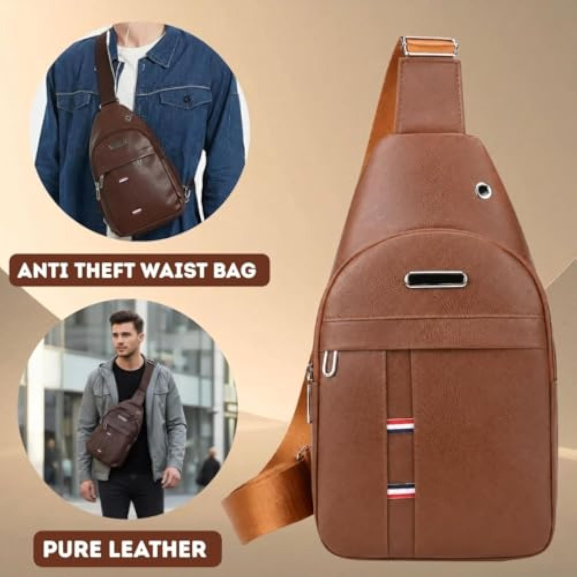 Waterproof Anti-Theft Sling Bag, Brown PU Leather