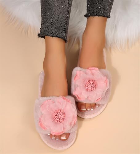 Rungion Womens Flower Open-Toe Plush Slippers Fluffy House Slip On Shose Cozy Breathable Outdoor Sandals Winter Slipper Gifts2