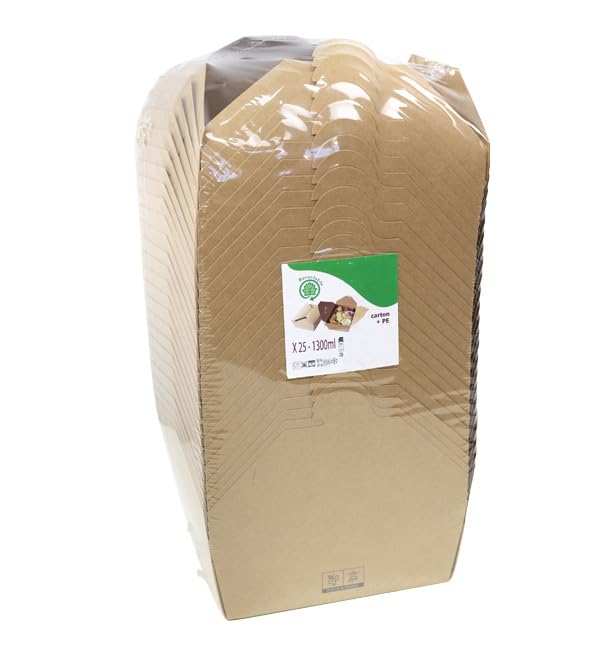 25 Caja Americana Kraft, 17x13,5x6,5 cm, 1300 ml, Resistente y Biodegradable, Comida Rápida y Para Llevar, Ecológica