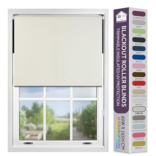 FURNISHED Blackout Roller Blind with Metal Fittings Trimmable Insulated Thermal Fabric Heavy-duty Easy Install Brackets Window Roller Blinds - Cream, 100W x 165H cm