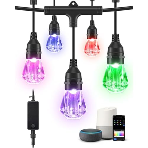 EDISHINE Smart String Lights, 48ft Outdoor Patio Lights with 18 Shatterproof Acrylic RGB LED Bulbs, APP & WiFi Control, Compatible with Alexa, Waterproof Dimmable Outdoor Lights for Hallowee